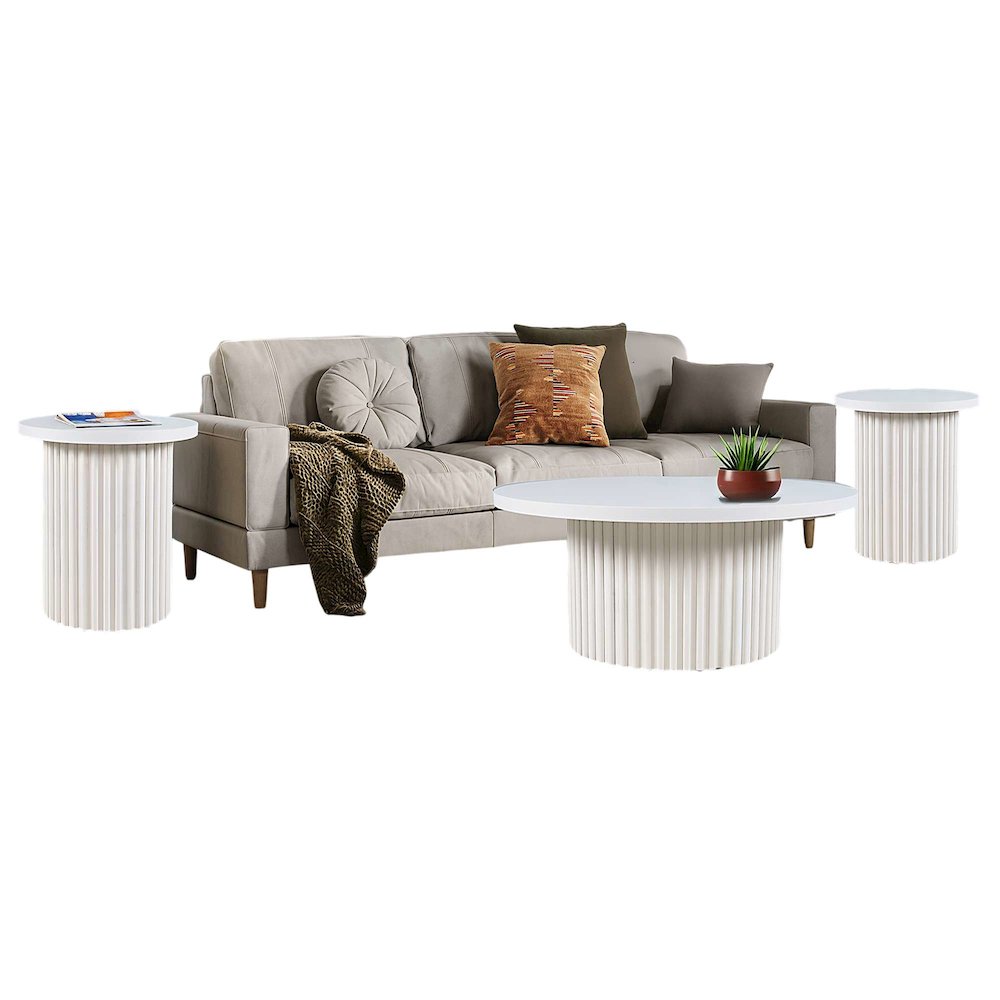 Auden Three Piece Mid-Century Modern Fluted Living Room Coffee and End Table Set