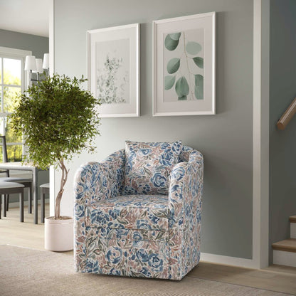 Daisy Bloom Floral Classic Traditional Swivel Accent Barrel Chair with Pillow