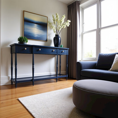 60-Inch Blue Sofa Table with Rubberwood and Veneer for Classic Living Room Décor
