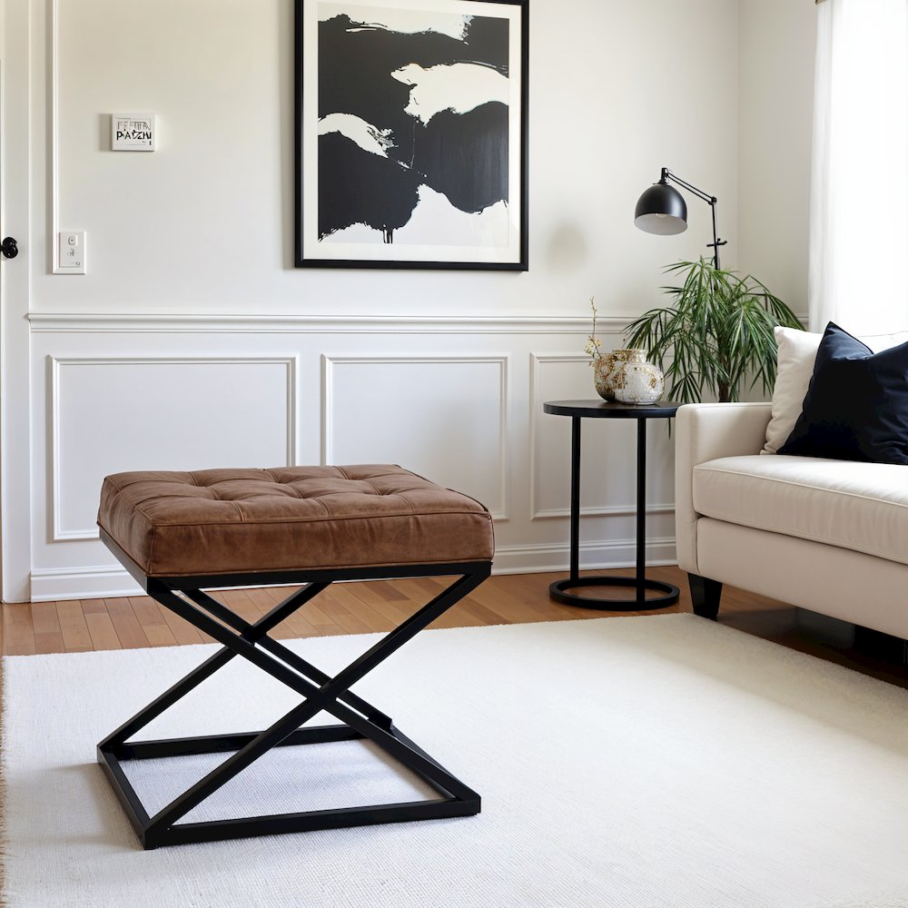 Distressed Brown Genuine Leather Ottoman Stool with Metal and MDF Base