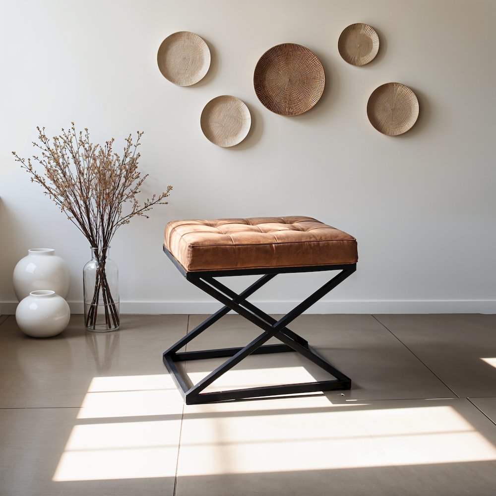 Distressed Brown Genuine Leather Ottoman Stool with Metal and MDF Base