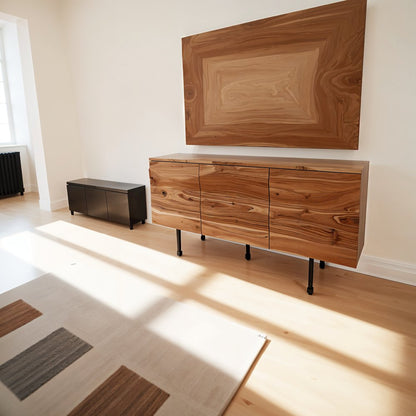 Brown Acacia Three-Door Accent Cabinet with Metal Base for Living Room Storage