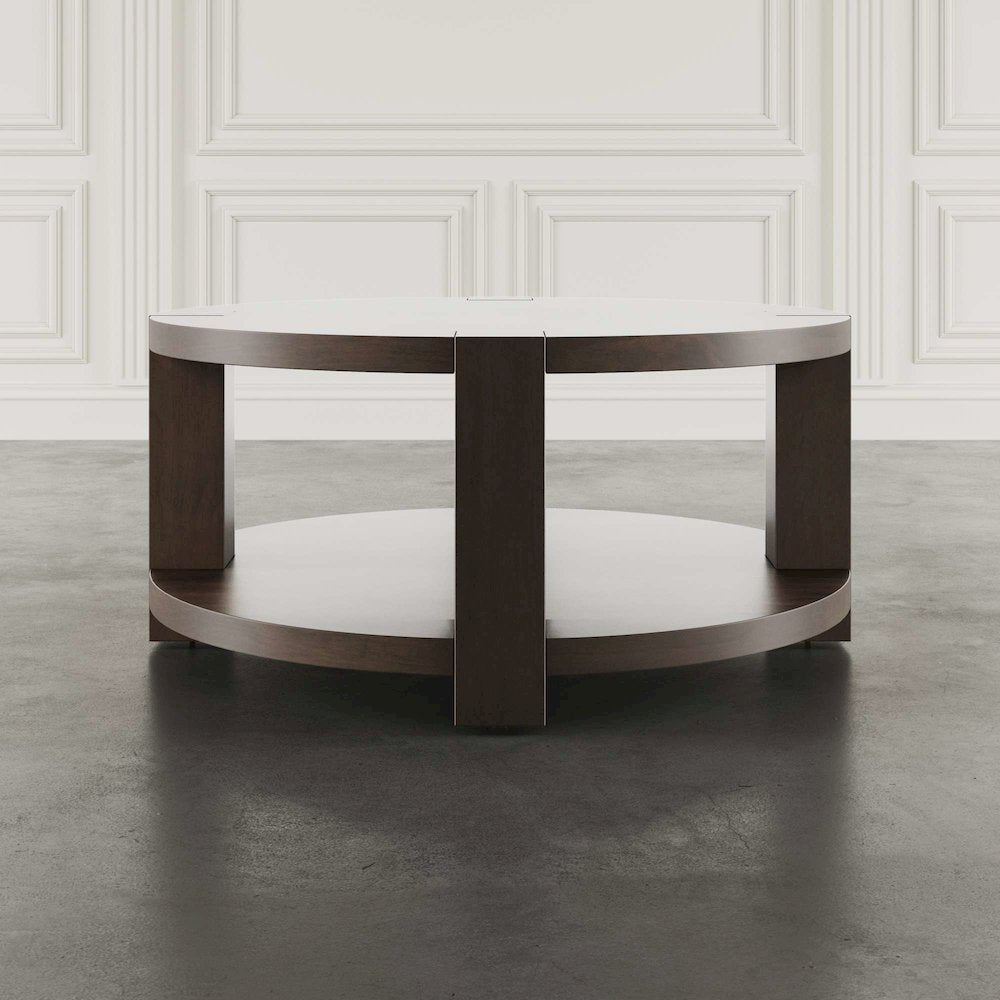Brownstone 40" Round Transitional Modern Block-Frame Coffee Table with Wheels