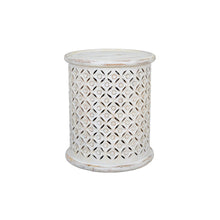Elegant White Distressed Hardwood Drum End Table for Contemporary Spaces