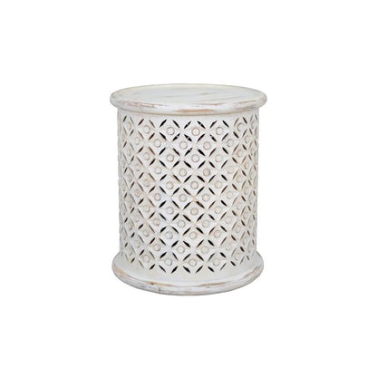 Elegant White Distressed Hardwood Drum End Table for Contemporary Spaces