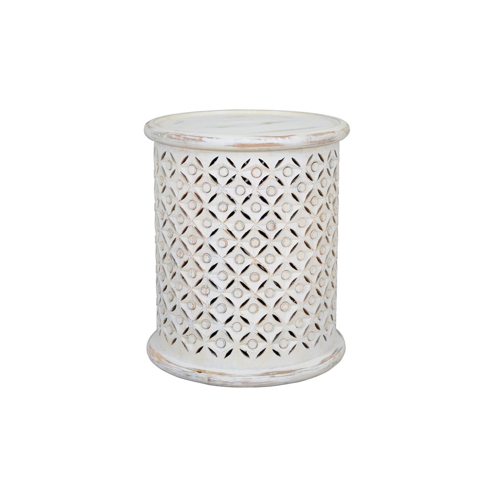 Elegant White Distressed Hardwood Drum End Table for Contemporary Spaces