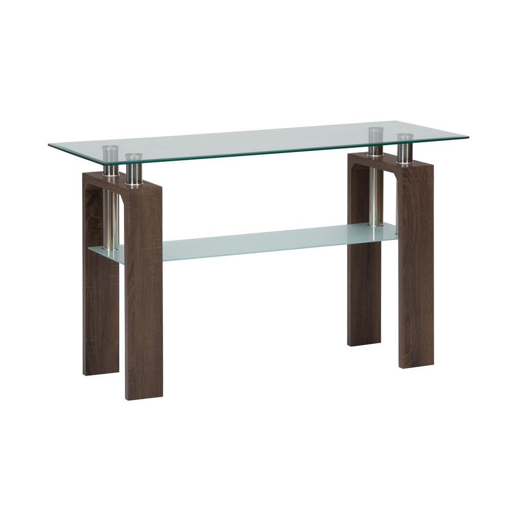 Compass Clear Modern Glass Sofa Table, Brown Wood and Glass