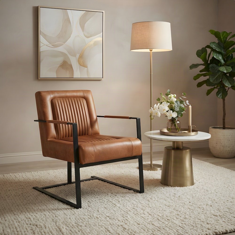 Maguire Leather Upholstered Sled-Base Mid-Century Modern Dining Chair, Saddle