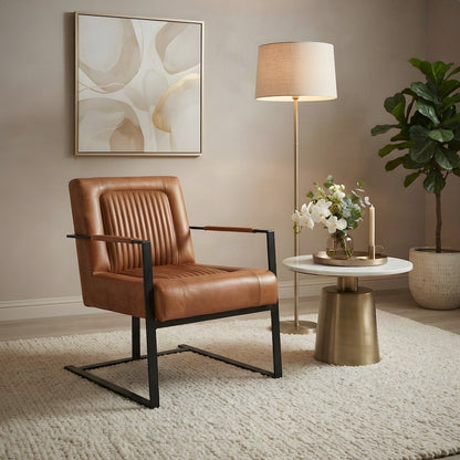 Maguire Leather Upholstered Sled-Base Mid-Century Modern Dining Chair, Saddle