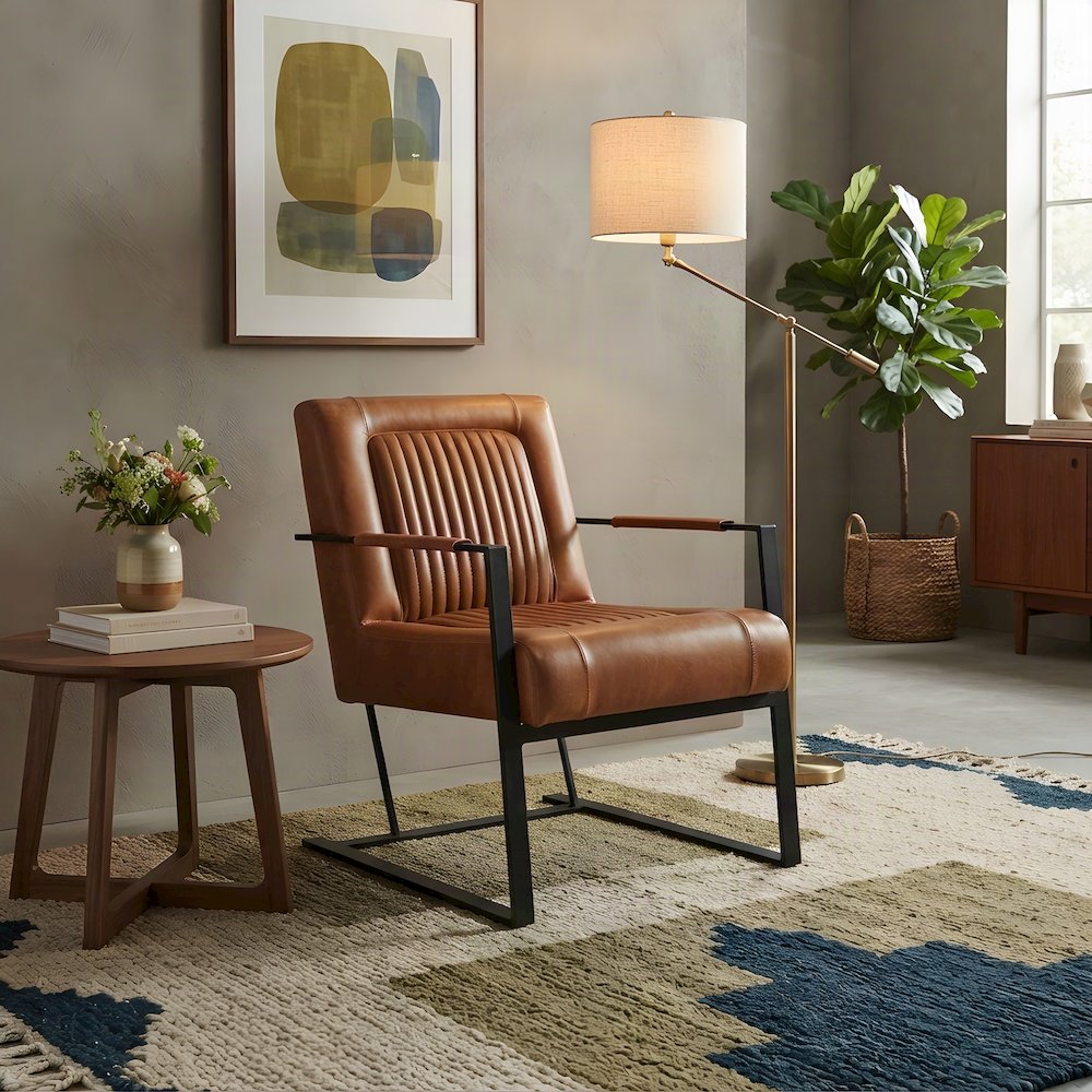 Maguire Leather Upholstered Sled-Base Mid-Century Modern Dining Chair, Saddle