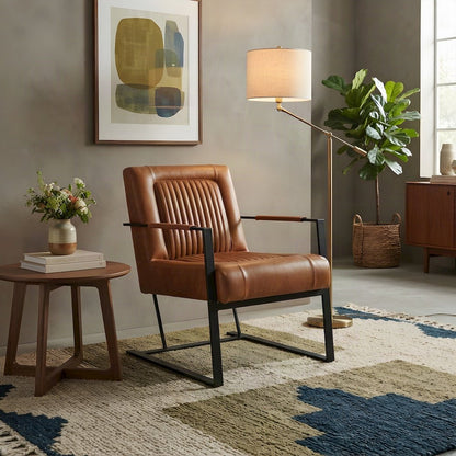 Maguire Leather Upholstered Sled-Base Mid-Century Modern Dining Chair, Saddle