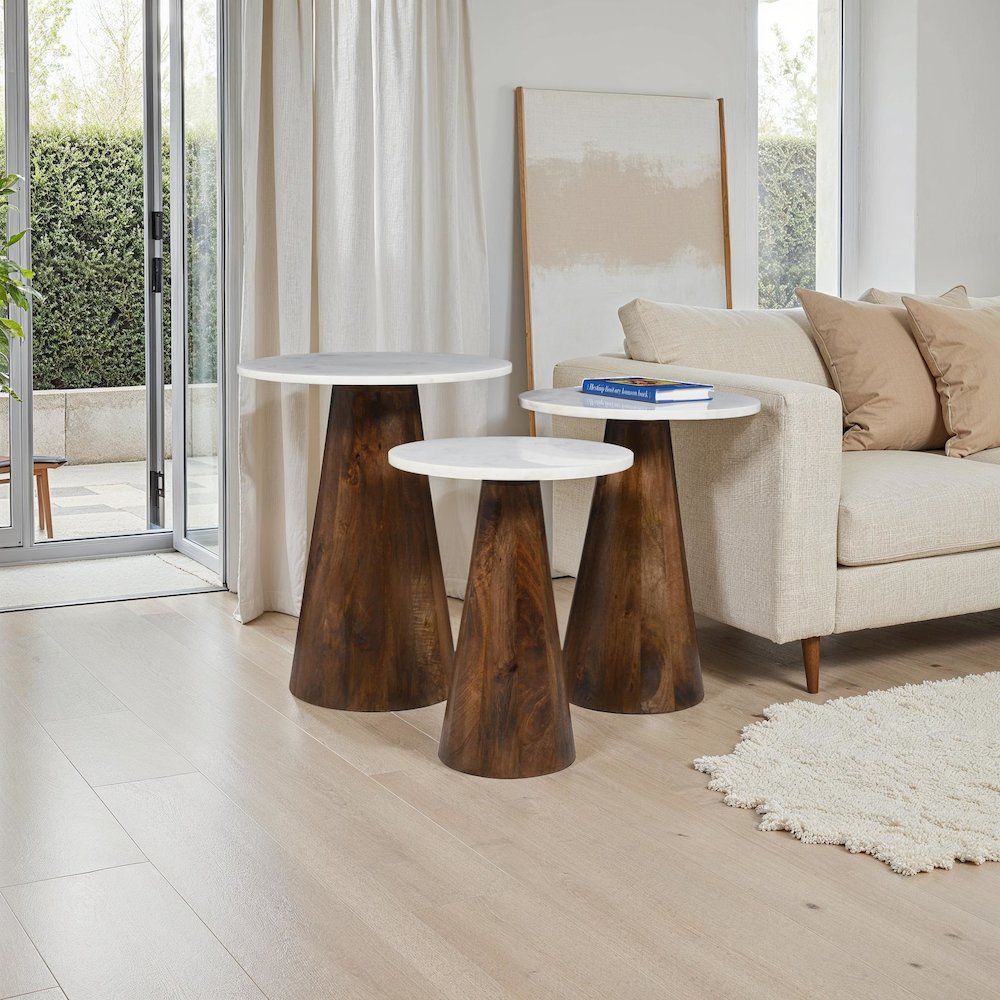 Nolan Marble Top Three Pack Solid Wood Accent Table Set