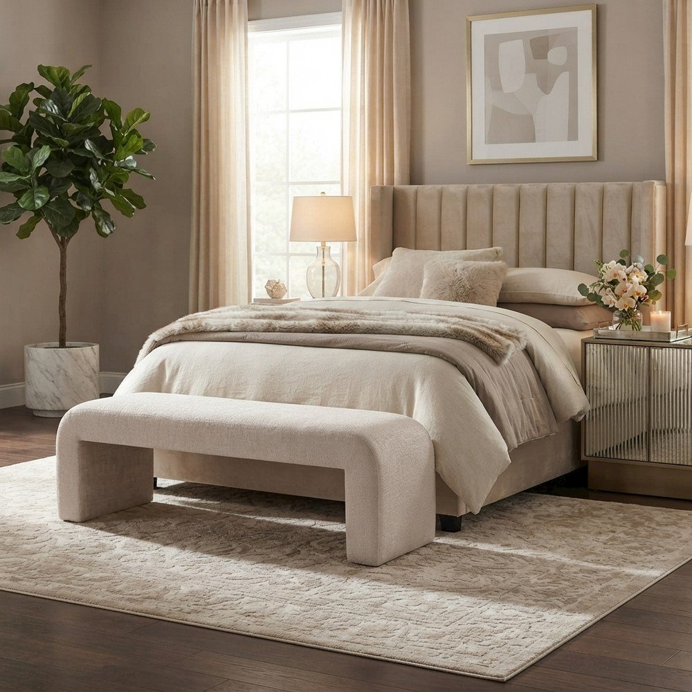 Jacquard Upholstered Curved Waterfall Bedroom Bench, End of Bed, Natural