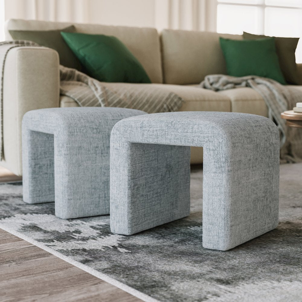 Modern Curved Upholstered Waterfall Jacquard Petite Ottoman Bench - Set of 2