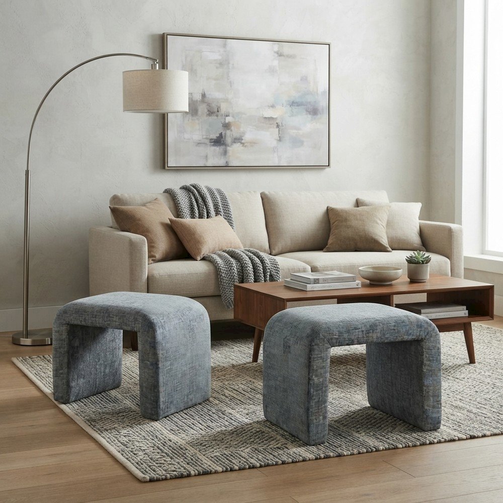 Jacquard Upholstered Waterfall Ottoman Bench, Petite Set of 2, Blue