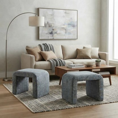Jacquard Upholstered Waterfall Ottoman Bench, Petite Set of 2, Blue
