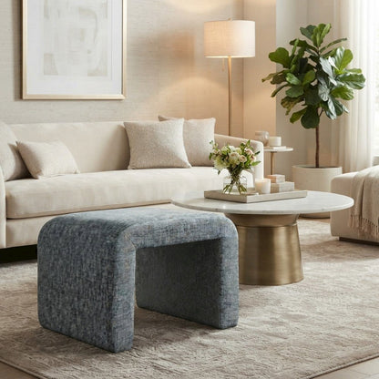 Jacquard Upholstered Waterfall Ottoman Bench, Petite Set of 2, Blue