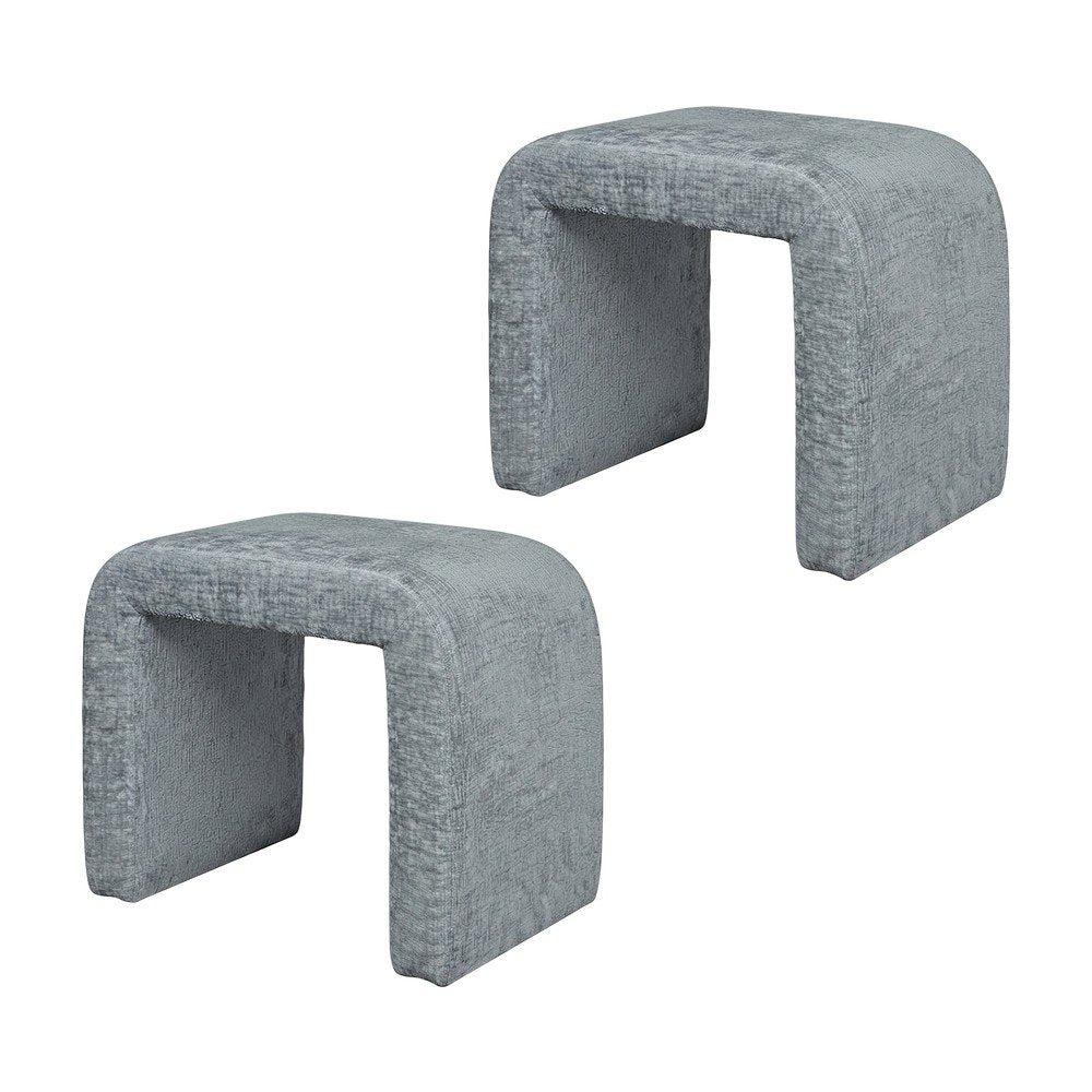 Jacquard Upholstered Waterfall Ottoman Bench, Petite Set of 2, Blue