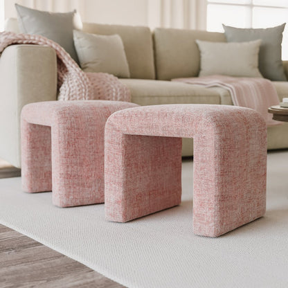 Modern Curved Upholstered Waterfall Jacquard Petite Ottoman Bench - Set of 2