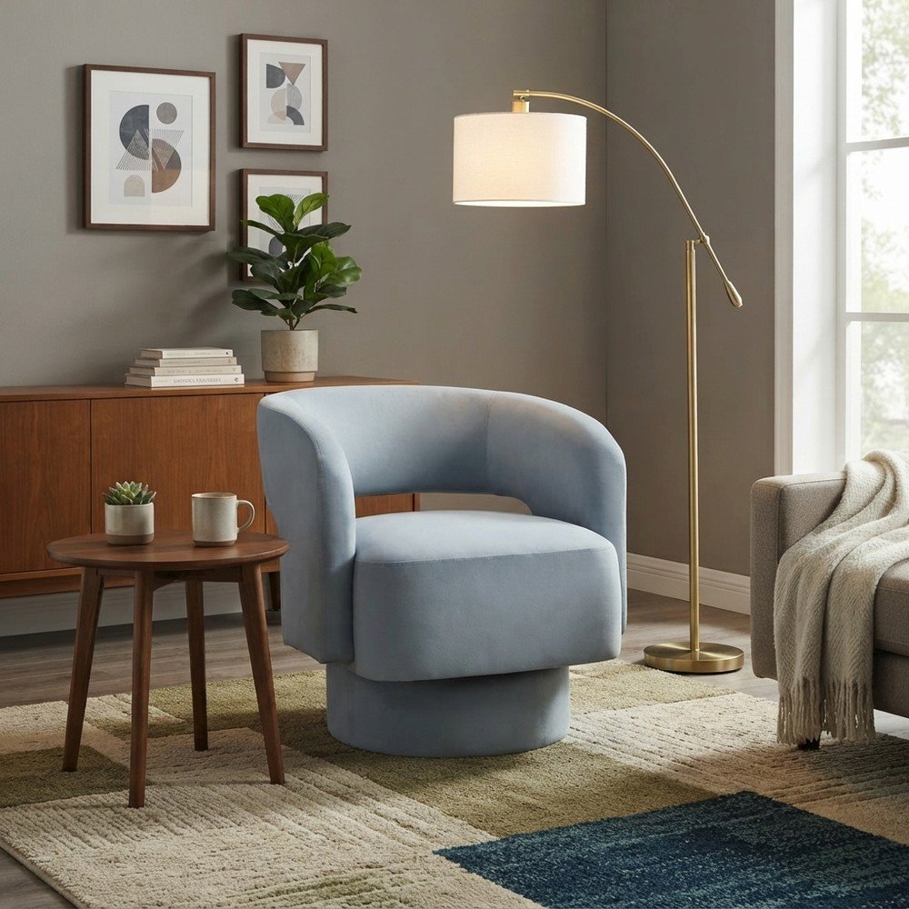 Polyester Split-Back Swivel Accent Chair, Mid-Century Modern Armchair, Blue