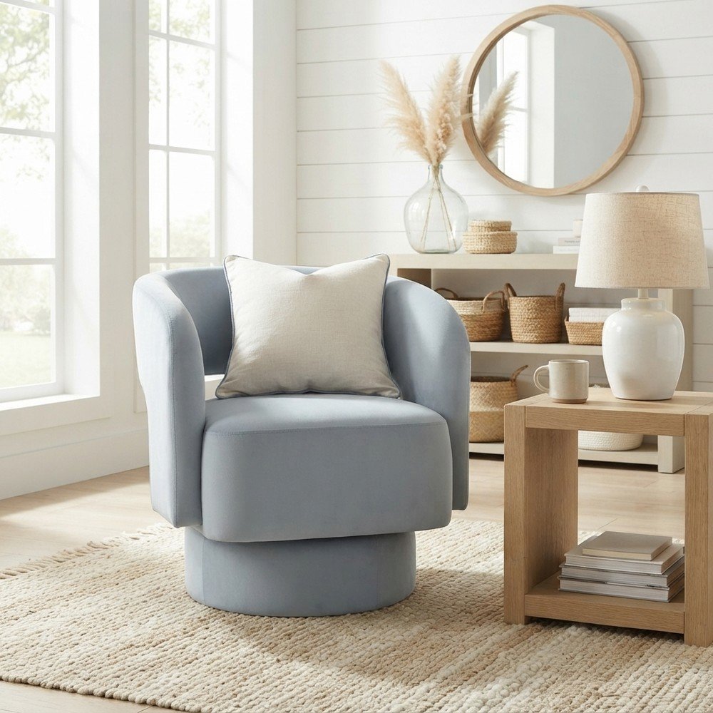 Polyester Split-Back Swivel Accent Chair, Mid-Century Modern Armchair, Blue
