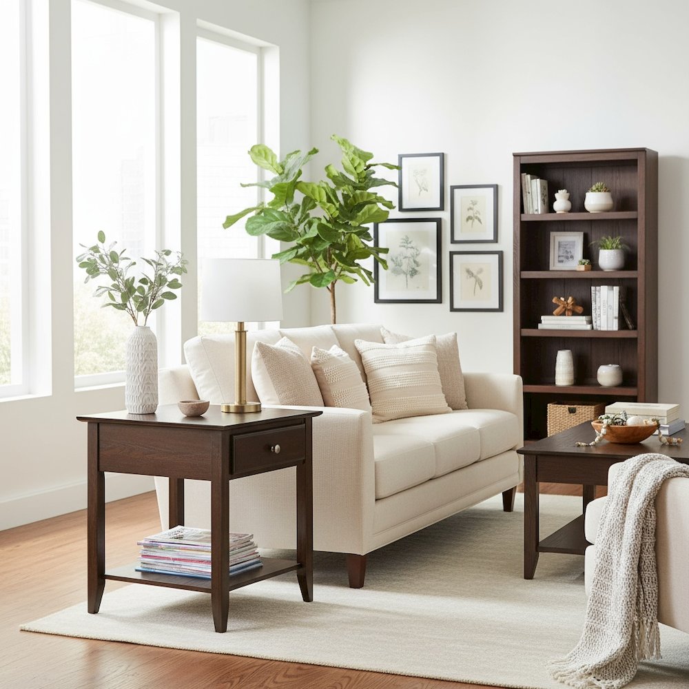 Espresso Brown Wooden End Table with Drawer, Elegant Side Table for Bedroom, 22"