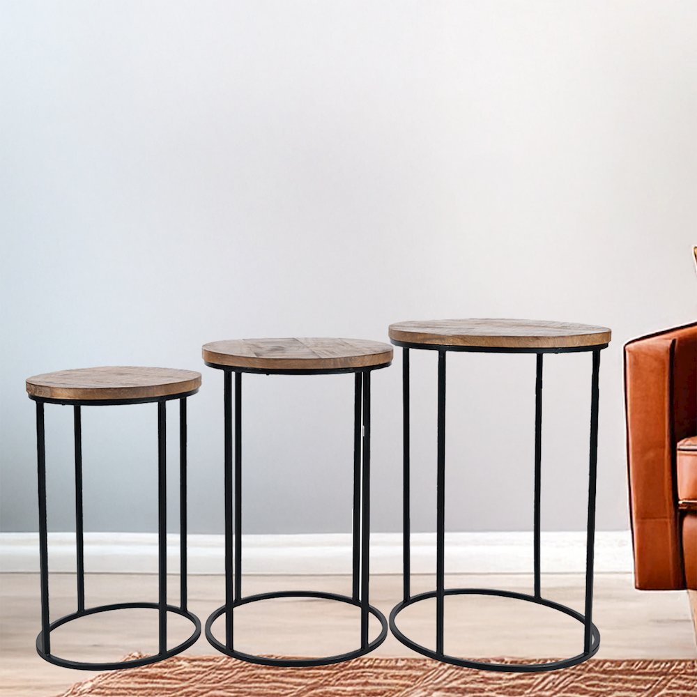 Warner Round Modern Rustic Solid Wood and Metal Nesting End Tables - Set of 3