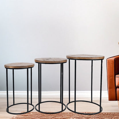 Warner Round Modern Rustic Solid Wood and Metal Nesting End Tables - Set of 3