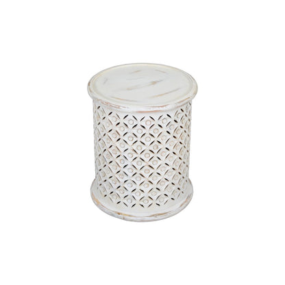 Elegant White Distressed Hardwood Drum End Table for Contemporary Spaces