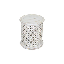 Elegant White Distressed Hardwood Drum End Table for Contemporary Spaces