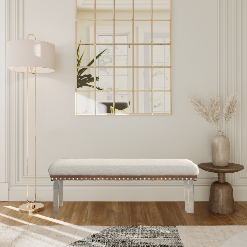 Brianna Modern Luxury Faux Fur Upholstered Bench with Clear Acrylic Legs