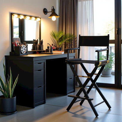 Black Canvas Director Chair with Solid Hardwood Frame, Foldable Style