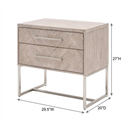Gray Nightstand with 2 Drawers and Stainless Steel Handles for Bedroom Storage