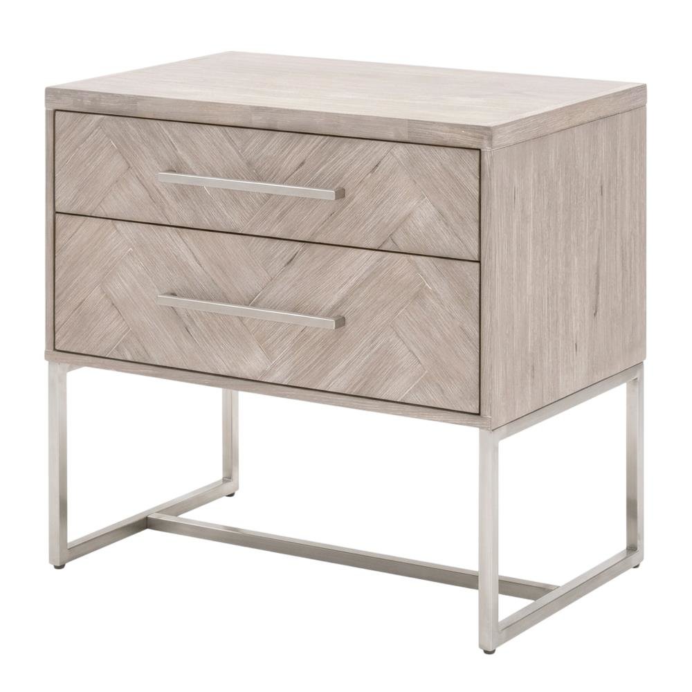 Gray Nightstand with 2 Drawers and Stainless Steel Handles for Bedroom Storage