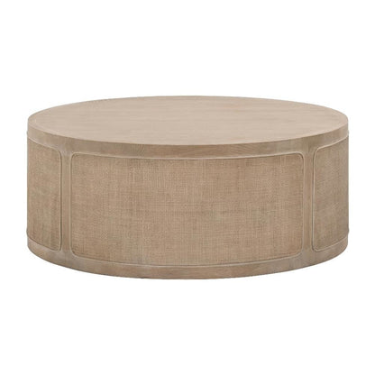 Gray Transitional Cane Coffee Table with Solid Oak Wood and Oak Veneer Frame