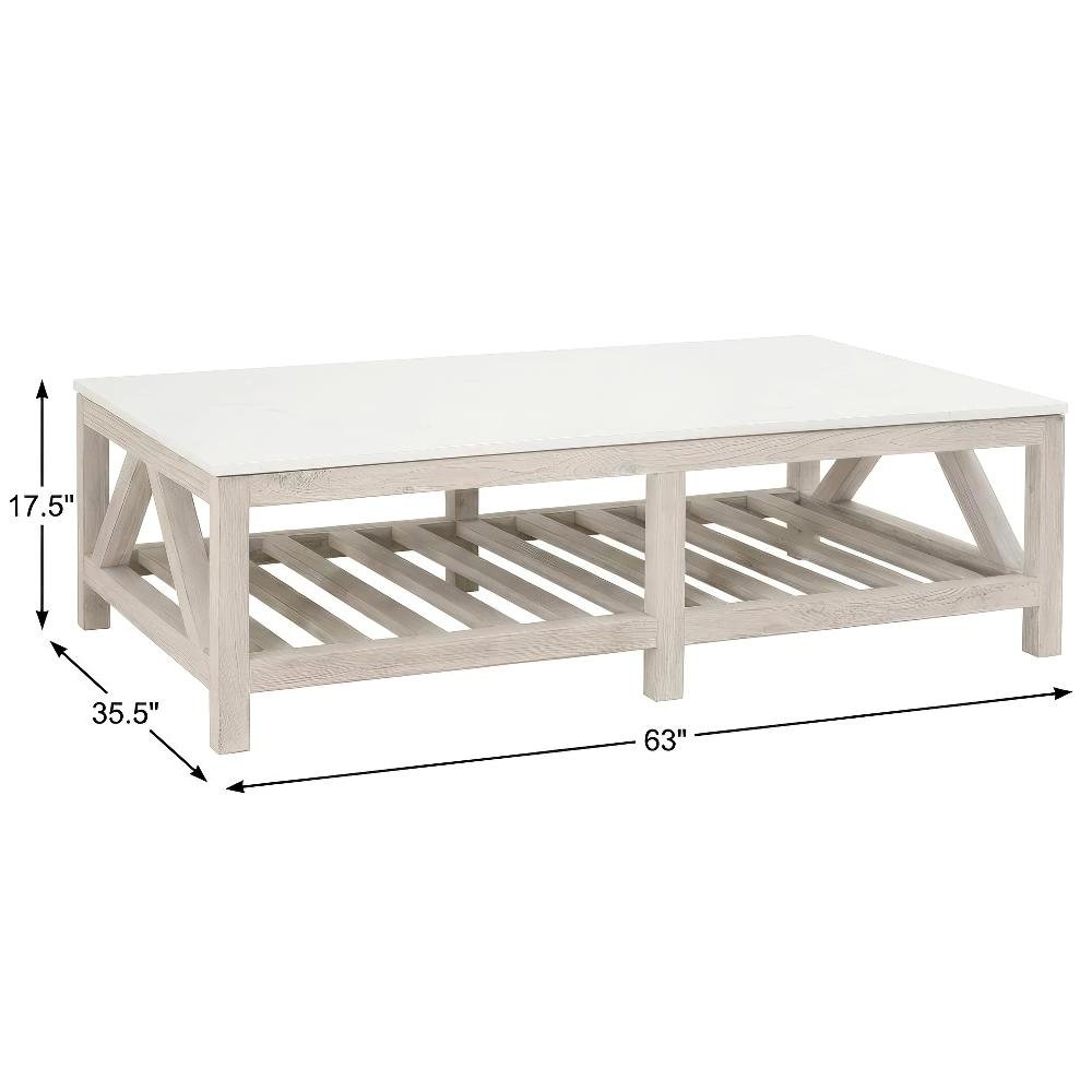 White Pine Wood Coffee Table with Quartz Top and Storage Shelf