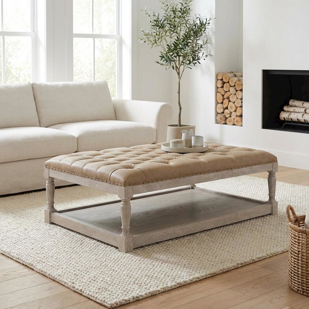 Brown Upholstered Coffee Table with Solid Ash Wood Frame and Nail Tack Trim