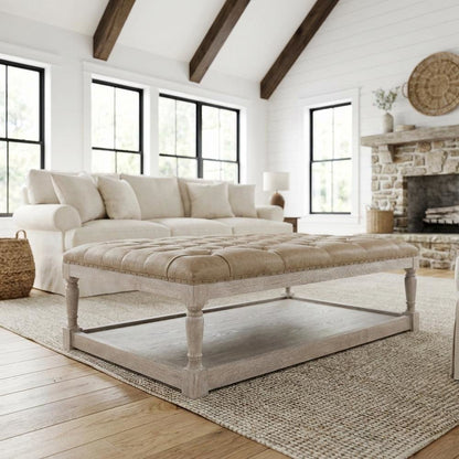 Brown Upholstered Coffee Table with Solid Ash Wood Frame and Nail Tack Trim