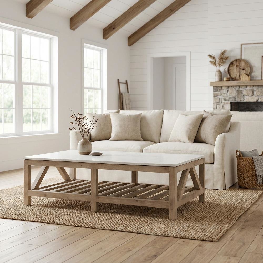 Gray Pine Wood Coffee Table with Solid Quartz Top and Open Shelf Design