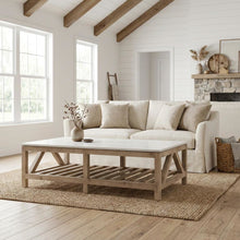 Gray Pine Wood Coffee Table with Solid Quartz Top and Open Shelf Design