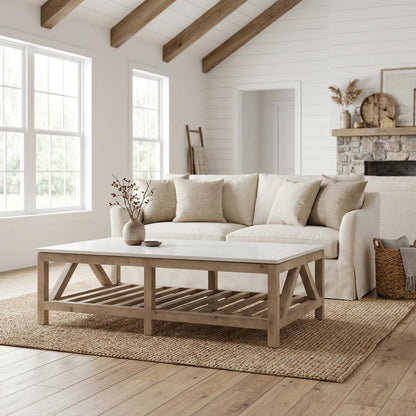 Gray Pine Wood Coffee Table with Solid Quartz Top and Open Shelf Design