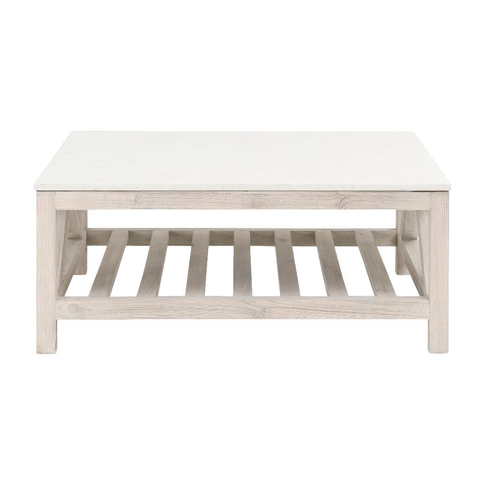 White Solid Pine Wood Coffee Table with Solid Quartz Top and Open Shelf