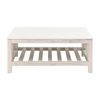 White Solid Pine Wood Coffee Table with Solid Quartz Top and Open Shelf