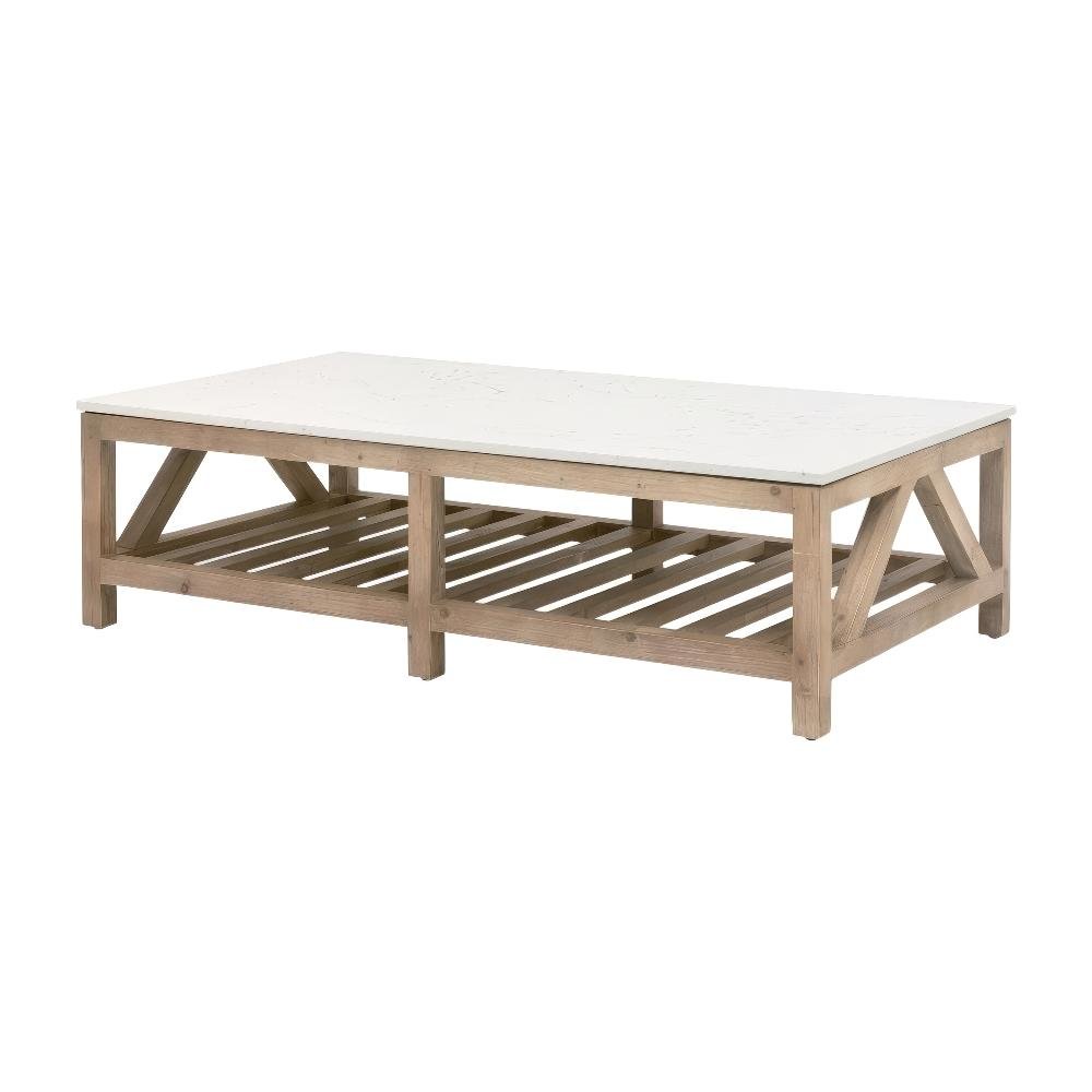 Gray Pine Wood Coffee Table with Solid Quartz Top and Open Shelf Design