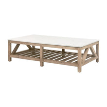 Gray Pine Wood Coffee Table with Solid Quartz Top and Open Shelf Design