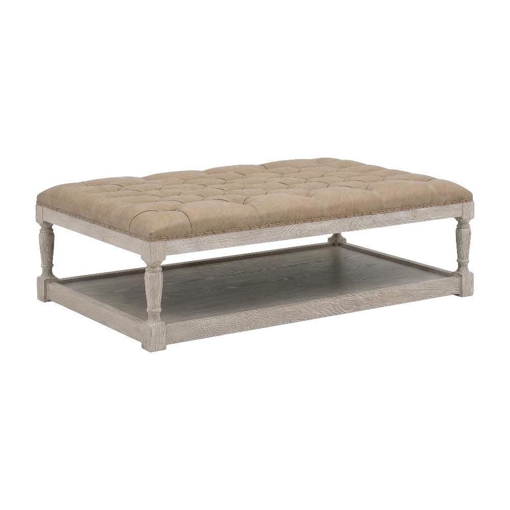 Brown Upholstered Coffee Table with Solid Ash Wood Frame and Nail Tack Trim