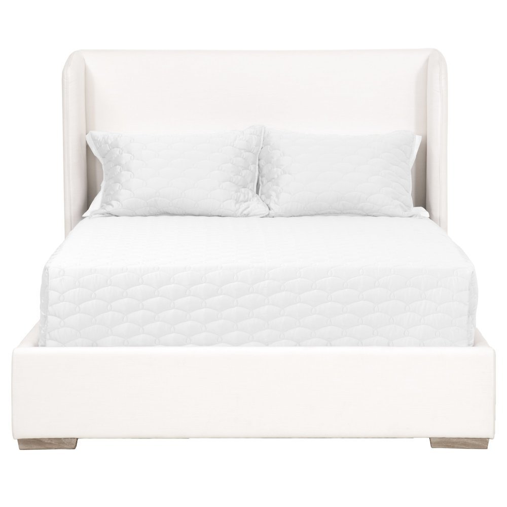 White Standard King Bed, Slanted Wing Headboard, Solid Oak Legs