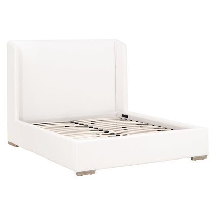 White Standard King Bed, Slanted Wing Headboard, Solid Oak Legs