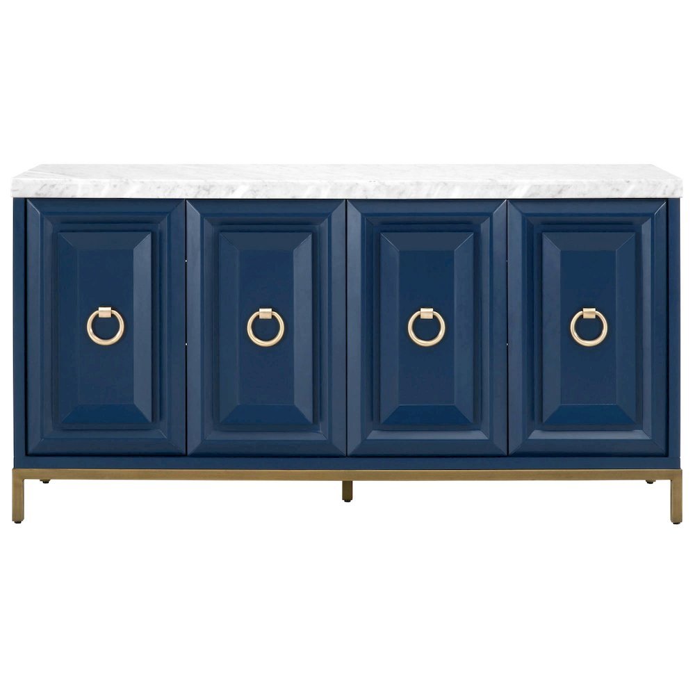 Media Sideboard White, Marble Top, Wine Racks, Steel Base