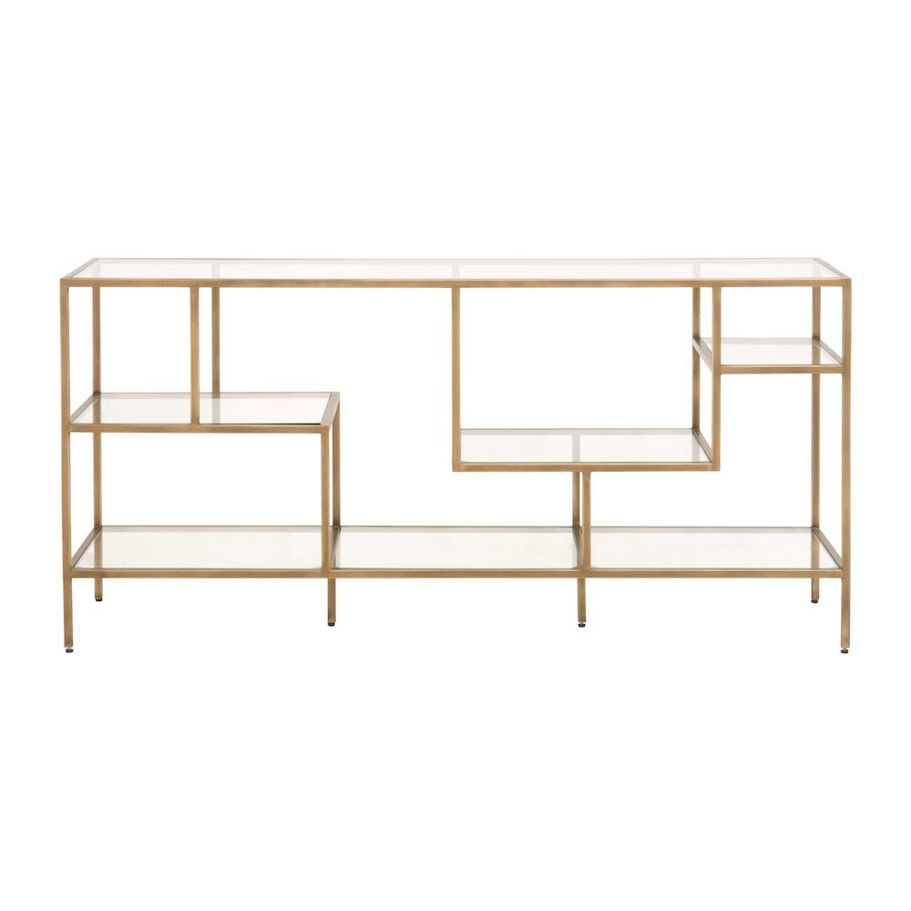 Brown Low Bookcase, Metal Shelving, Tempered Glass, Geometric Design